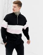 Asos Design Oversized Sweatshirt With Half Zip Harrington Collar And Color Blocking - Black