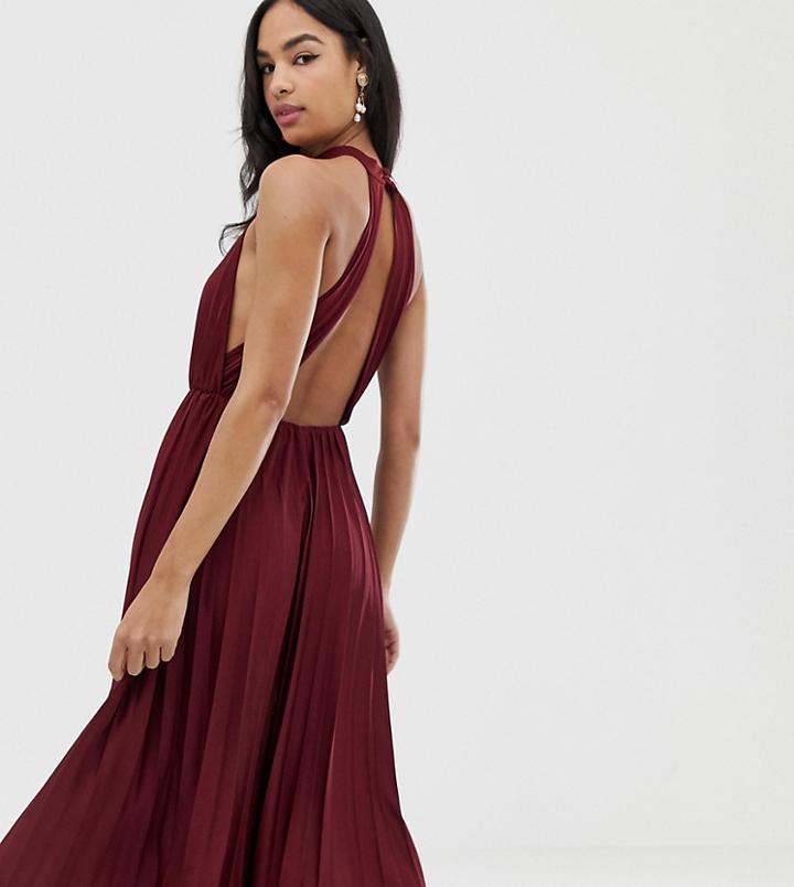 Asos Design High Neck Pleated Midi Dress - Red