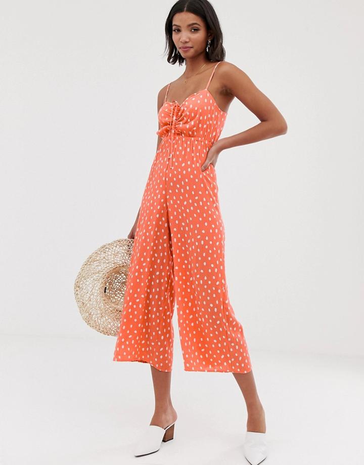Asos Design Cami Jumpsuit With Gathered Bodice Detail In Polka Dot Print-multi
