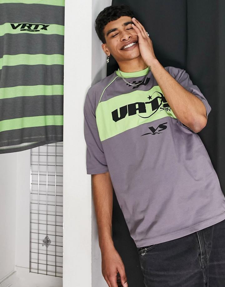 Asos Design Oversized T-shirt In Gray And Green Color Block With Front Print
