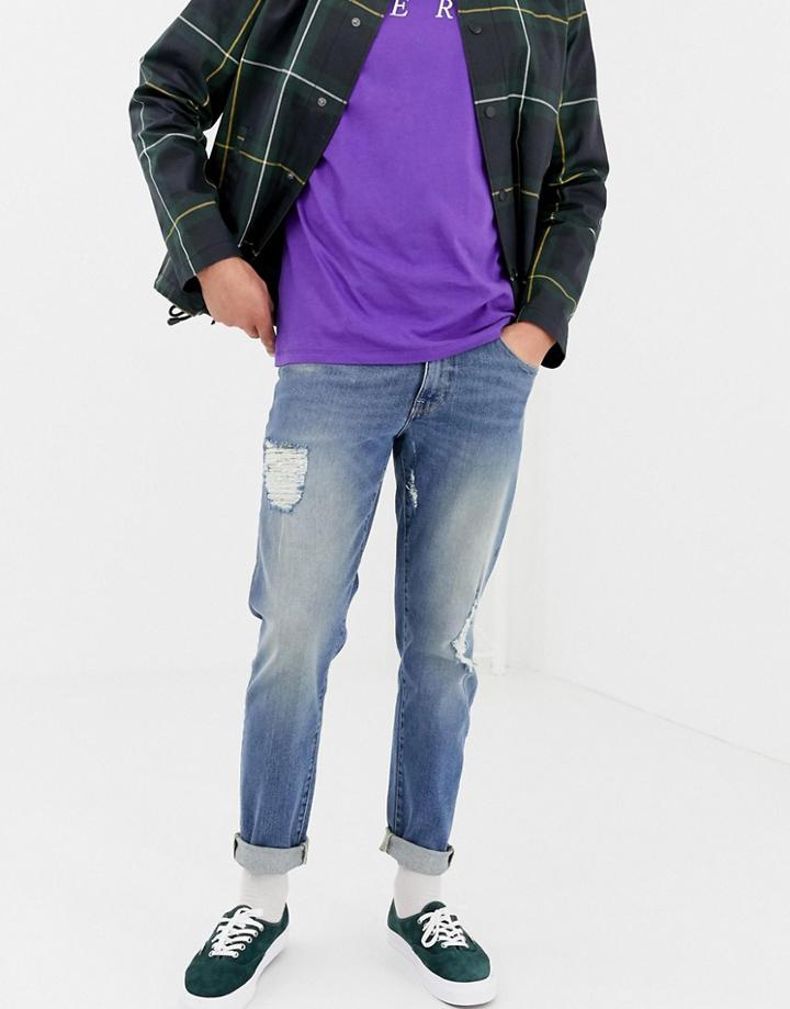 Asos Design 12.5oz Tapered Jeans In Vintage Light Wash With Heavy Rips - Blue