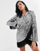 Opulence England Premium Party Long Sleeve Sequin Fringe Mini Dress In Silver-black