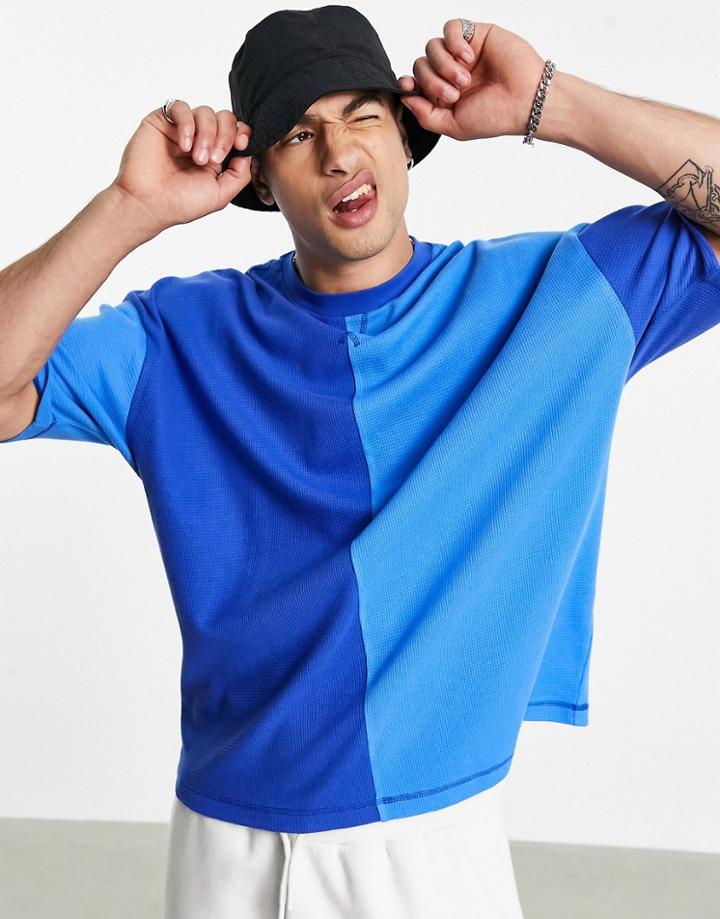 Asos Design Oversized Waffle T-shirt In Blue Color Block-multi