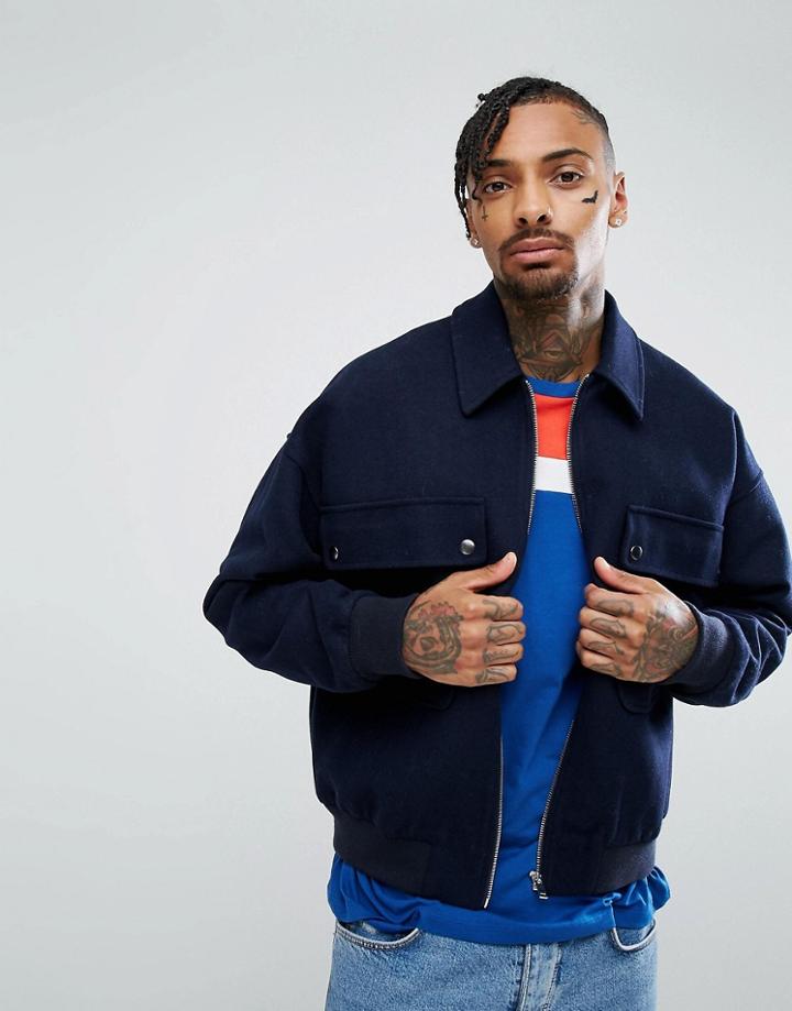 Asos Wool Mix Oversized Harrington Jacket In Navy - Navy