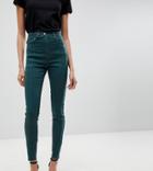 Asos Tall Ridley High Waist Skinny Jean With Front Seam Detail And Extended Button Tab In Dark Forest Green - Green