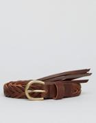 Asos Leather Plaited Belt With Unfinished End - Brown