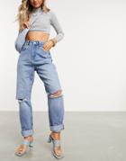 Asos Design High Rise 'slouchy' Mom Jeans In Midwash With Rips-blues