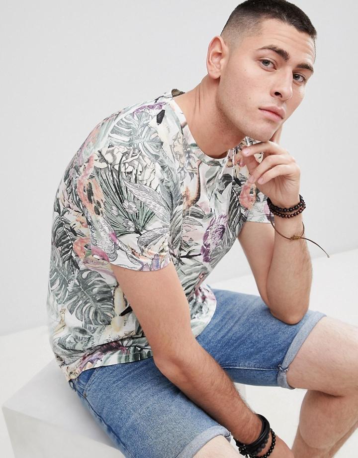 Jack & Jones Originals Longline T-shirt With All Over Print - White