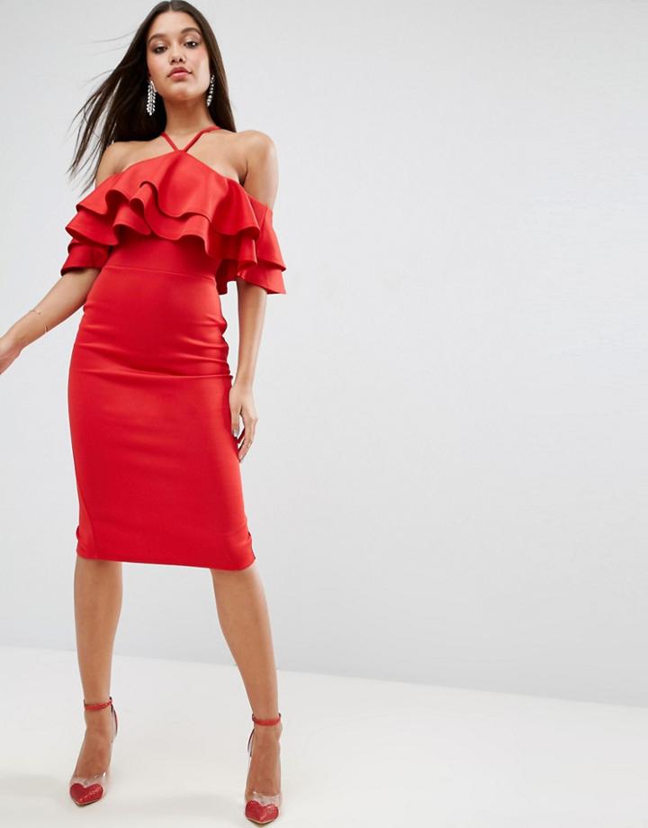 Asos Double Ruffle Halter Scuba Midi Dress - Red