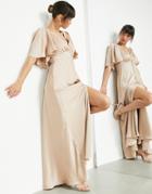 Asos Edition Satin Flutter Sleeve Maxi Dress With Button Front In Caramel-neutral