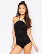 Monki Halterneck Crochet Swimsuit - Black