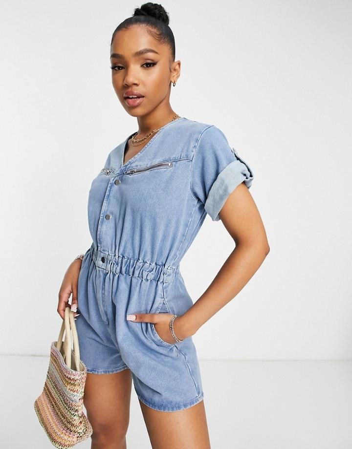 Miss Selfridge V Neck Denim Zip Romper In Blue