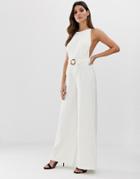 Asos Design Minimal Low Arm Hole Wide Leg Jumpsuit With Buckle Detail - White