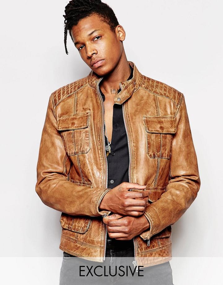 Black Dust Leather Biker Jacket With Pockets - Tan