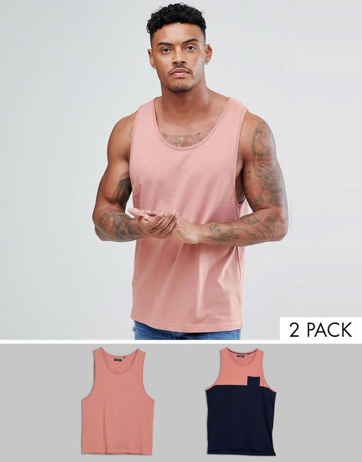 Brave Soul 2 Pack Plain And Block Contrast Pocket Tank - Navy