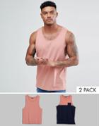 Brave Soul 2 Pack Plain And Block Contrast Pocket Tank - Navy