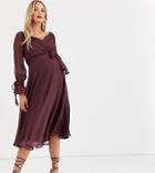 Asos Design Maternity Midi Dress With Layered Skirt And Wrap Waist With Lace Trim Detail-purple