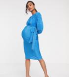 Asos Design Maternity Bardot Midi Dress In Plisse With Tie Waist - Blue