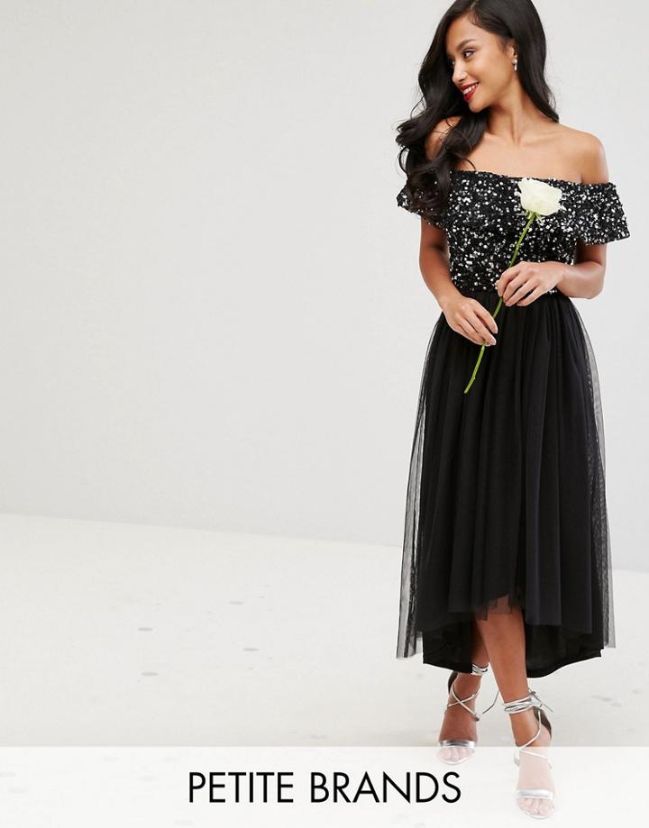 Maya Petite Bardot Midi Dress In Tonal Delicate Sequin With Tulle Skirt - Black