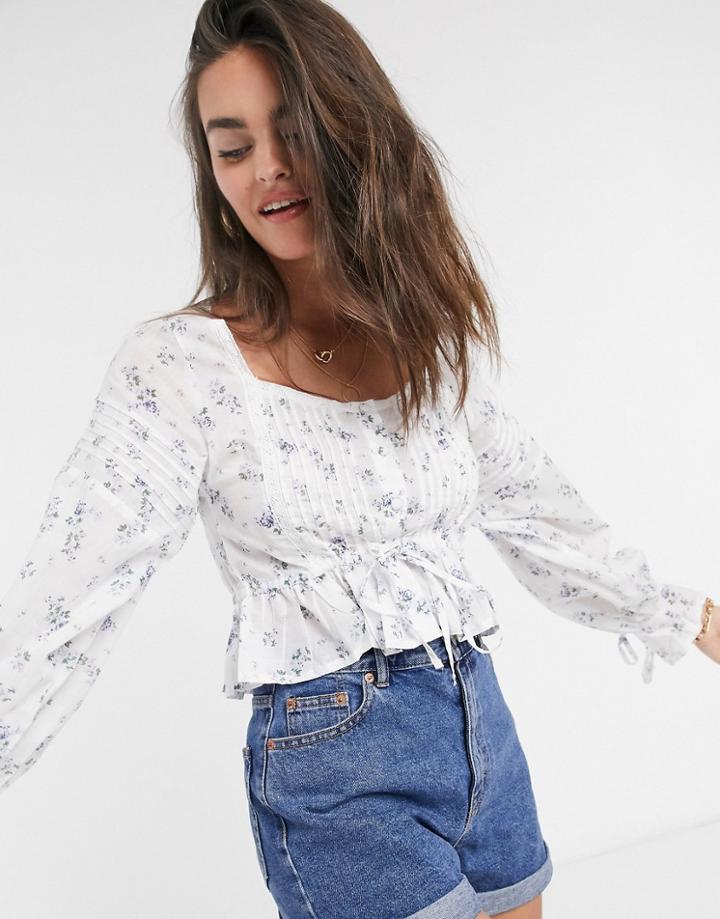 Asos Design Button Through Top With Pleated Sleeve In Floral Print-no Color