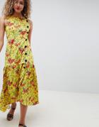 Asos Design Maxi Tea Dress With Dropped Hem And Contrast Buttons In Floral Print - Multi