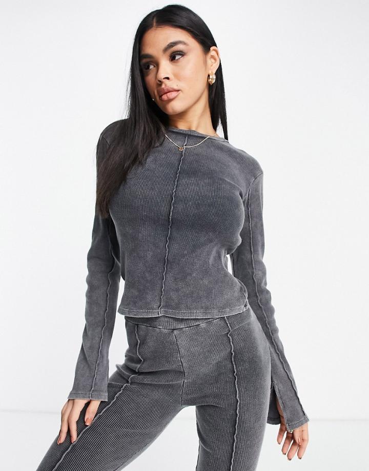 Asos Design Rib Top With Seam Detail In Charcoal - Part Of A Set-grey