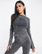 Asos Design Rib Top With Seam Detail In Charcoal - Part Of A Set-grey