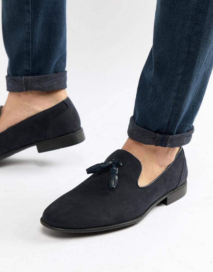 Asos Design Tassel Loafers In Navy Faux Suede