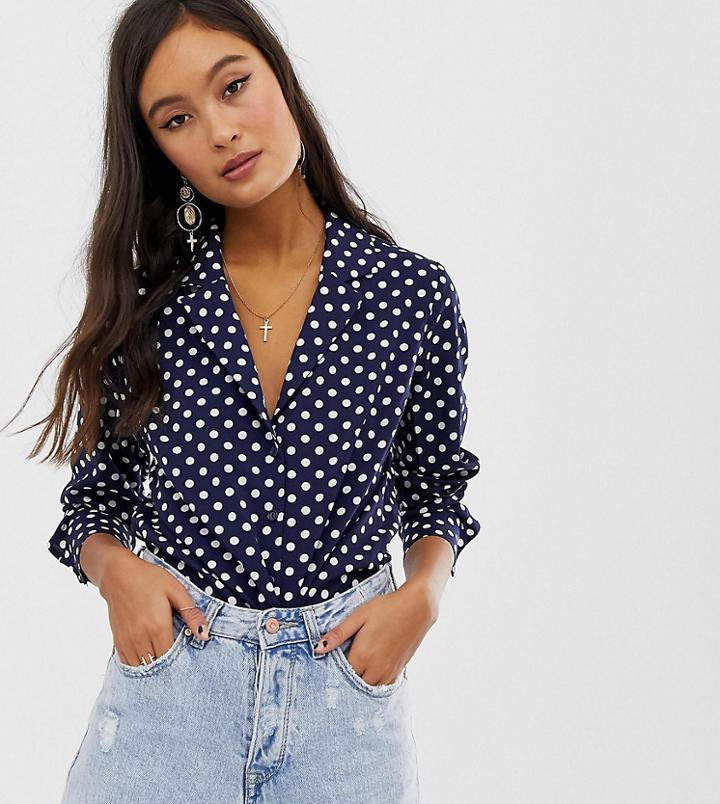 Glamorous Revere Collar Blouse In Polka Dot Satin-navy