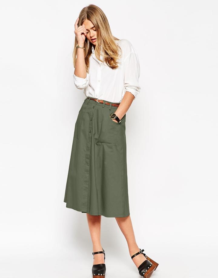 Asos Midi Skirt With Button Through In Cotton Twill - Khaki