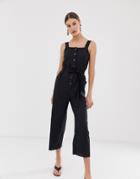 Warehouse Linen Jumpsuit With Buttons In Black - Black