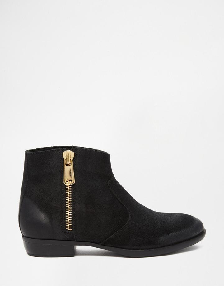 Dune Popple Black Suede Zip Side Ankle Boots - Black