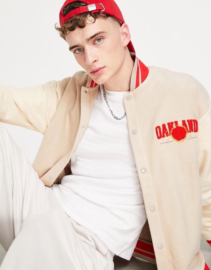 Asos Design Oversized Bomber Jacket In Off White Polar Fleece With Collegiate Badging-multi