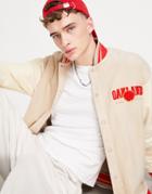 Asos Design Oversized Bomber Jacket In Off White Polar Fleece With Collegiate Badging-multi