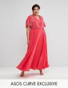Asos Curve Pretty Embellished Pleated Maxi Dress - Pink