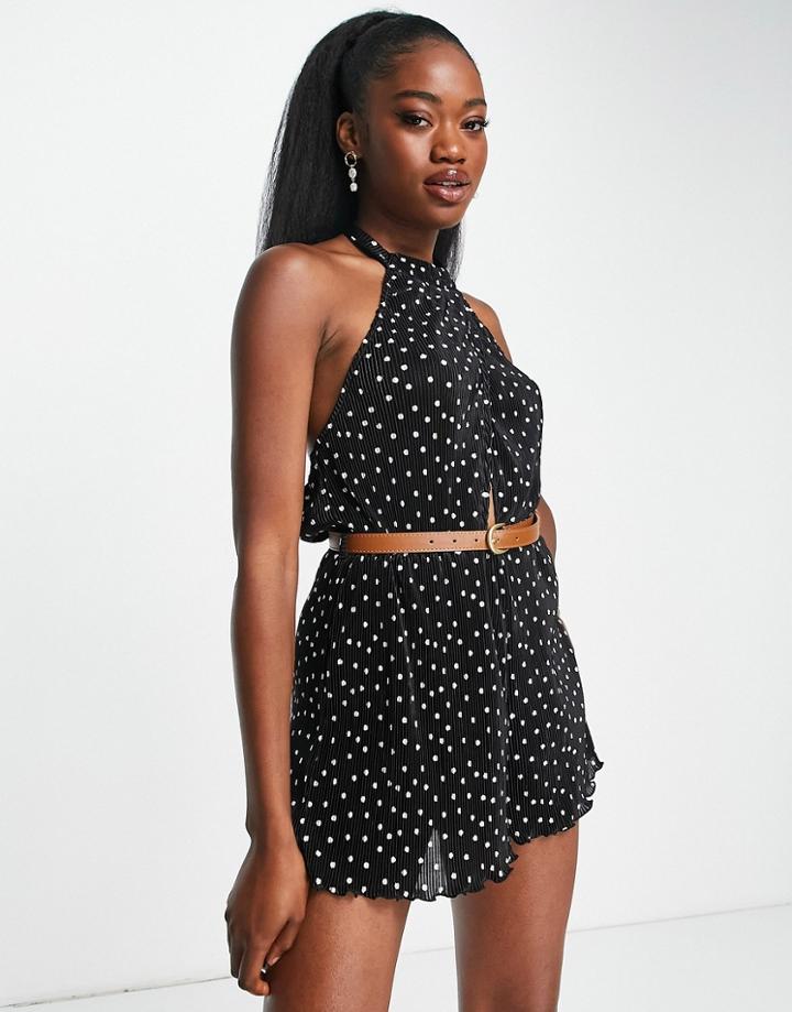 Asos Design Plisse Halter Cut Out Romper With Belt In Spot Print-multi