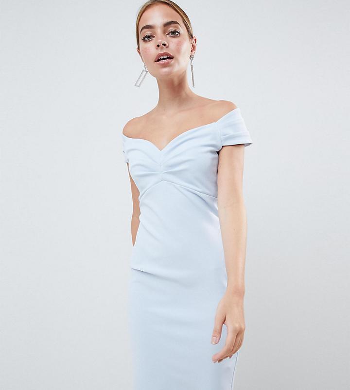 City Goddess Petite Bardot Pencil Midi Dress - Blue