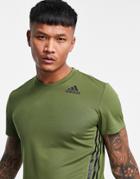 Adidas Training Aeroready 3 Stripe Tech T-shirt In Khaki-green