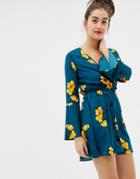 Influence Flared Sleeve Wrap Floral Print Dress - Green