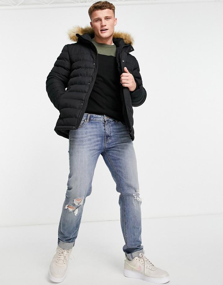 Threadbare Padded Parka Jacket With Faux Fur Hood In Black