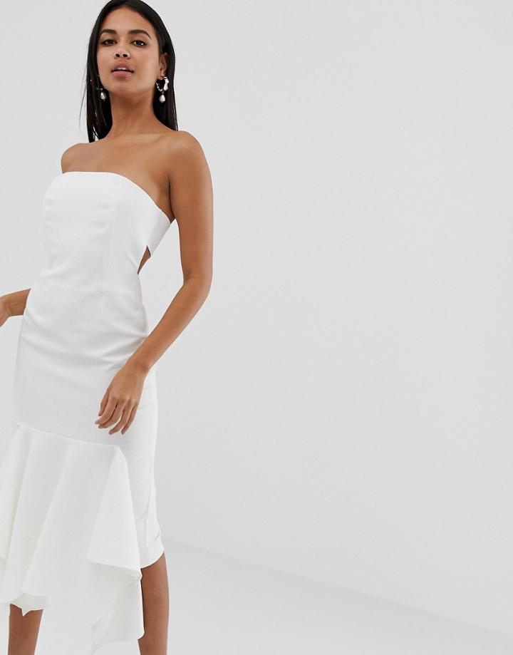 Asos Design Bandeau Pep Hem Midi Dress In Crepe-cream