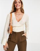 Asos Design Wrap Front Long Sleeve Blouse With Ruched Side In Cream-brown