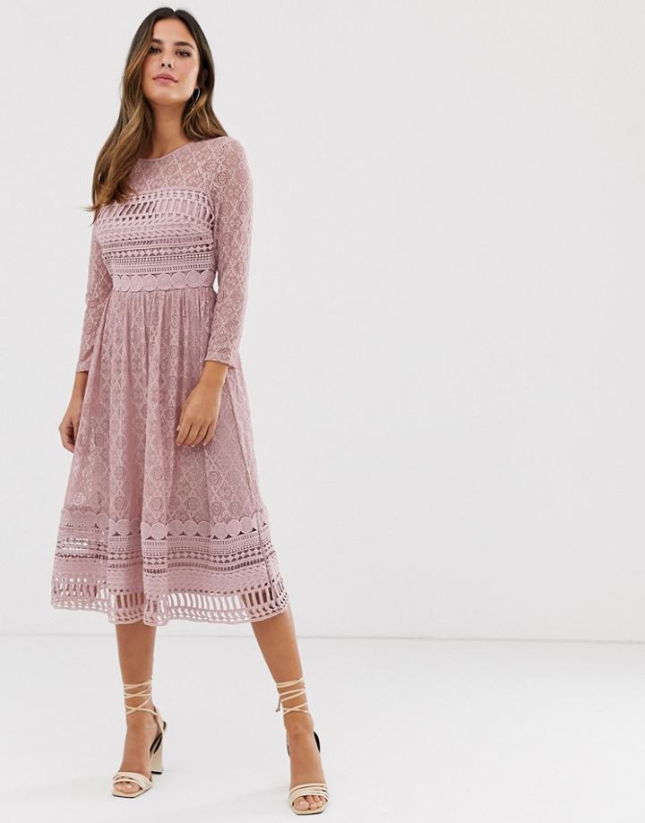 Asos Design Lace Midi Skater Dress In Mink-pink
