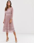 Asos Design Lace Midi Skater Dress In Mink-pink