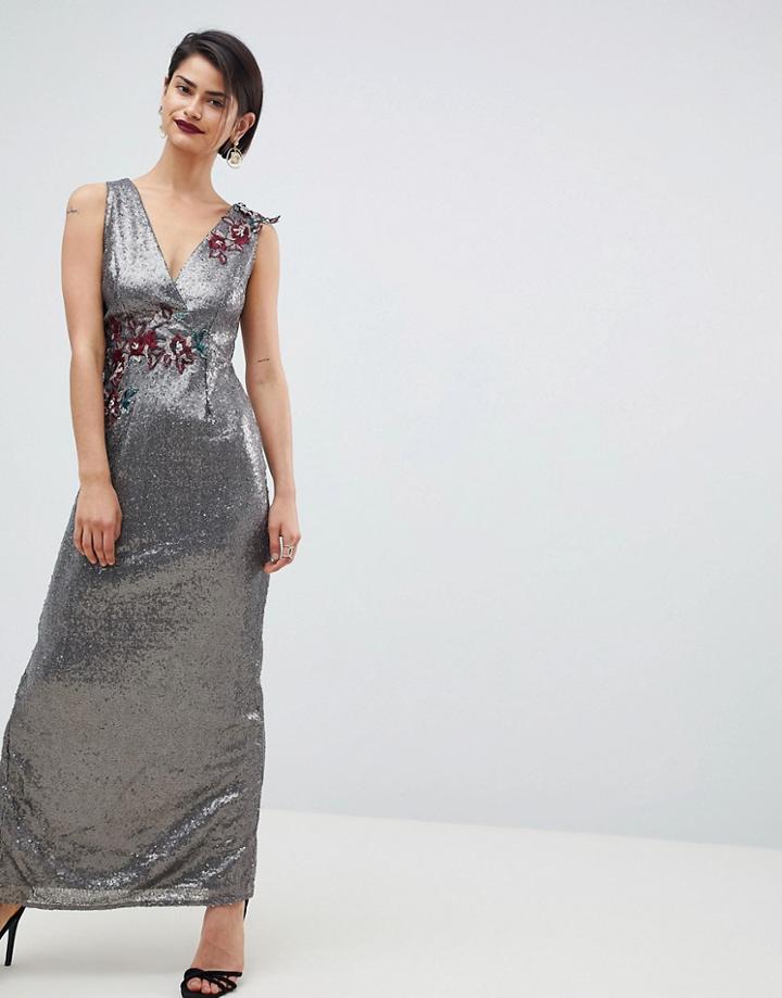 Little Mistress All Over Sequin Maxi Dress-brown