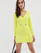 Asos Design Neon Ribbed Tux Dress With Contrast Buttons - Yellow