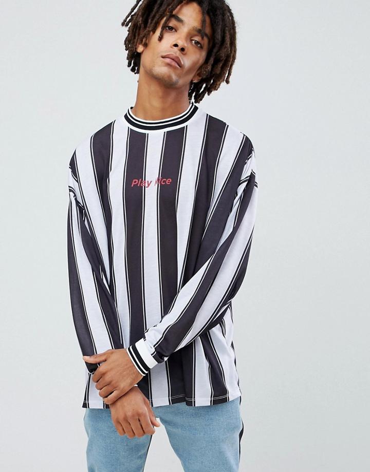 Asos Design Oversized Long Sleeve T-shirt With Vertical Stripe And Play Nice Print-multi