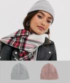 Asos Design 2 Pack Fisherman Rib Beanie In Pink And Light Gray In Recycled Polyester - Multi