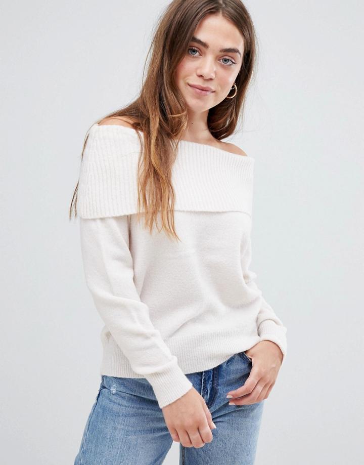 Asos Design Off Shoulder Sweater In Fluffy Yarn - Cream