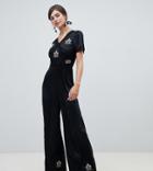 Asos Design Tall Tea Jumpsuit With Embroidery And Lace Insert - Black